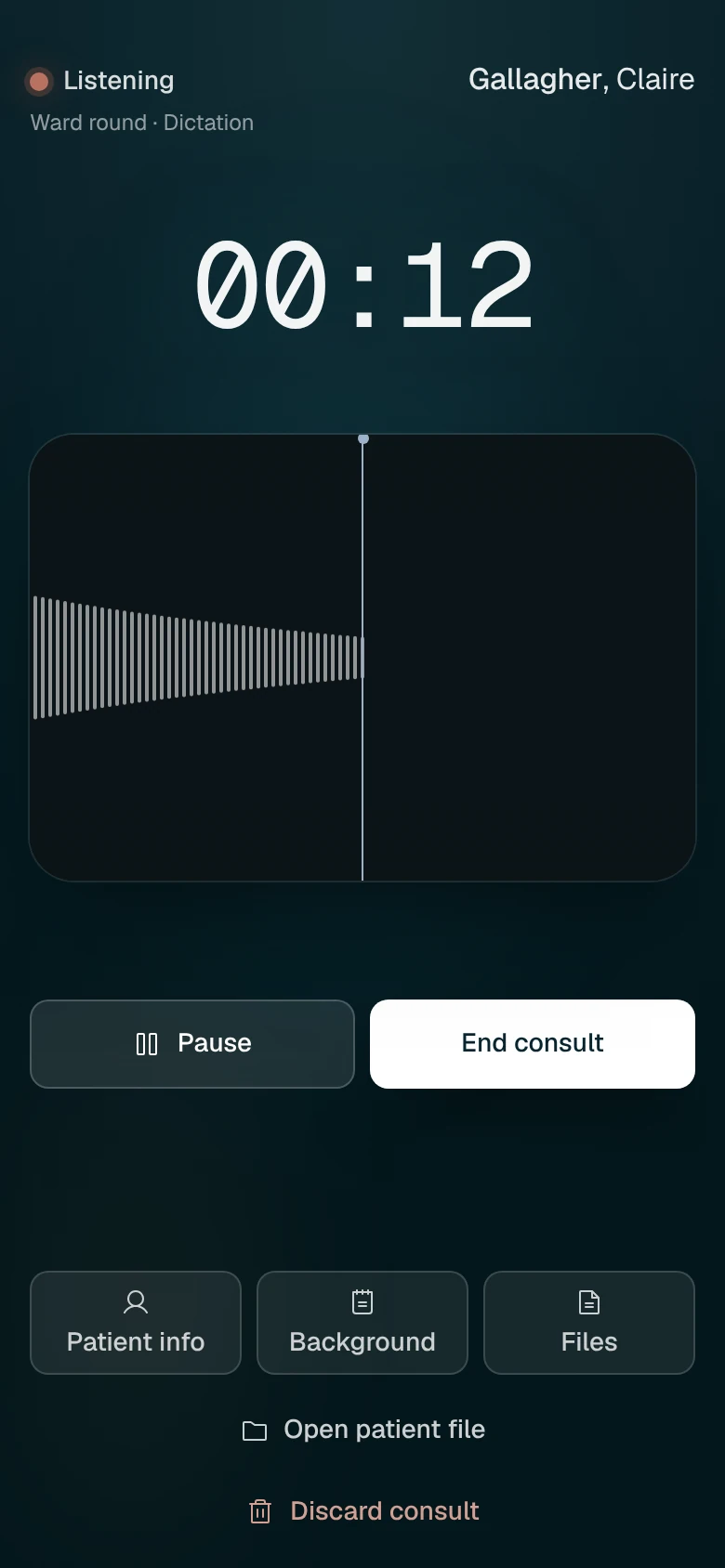 The aurii consult screen on an iPhone, recording at the bedside.
