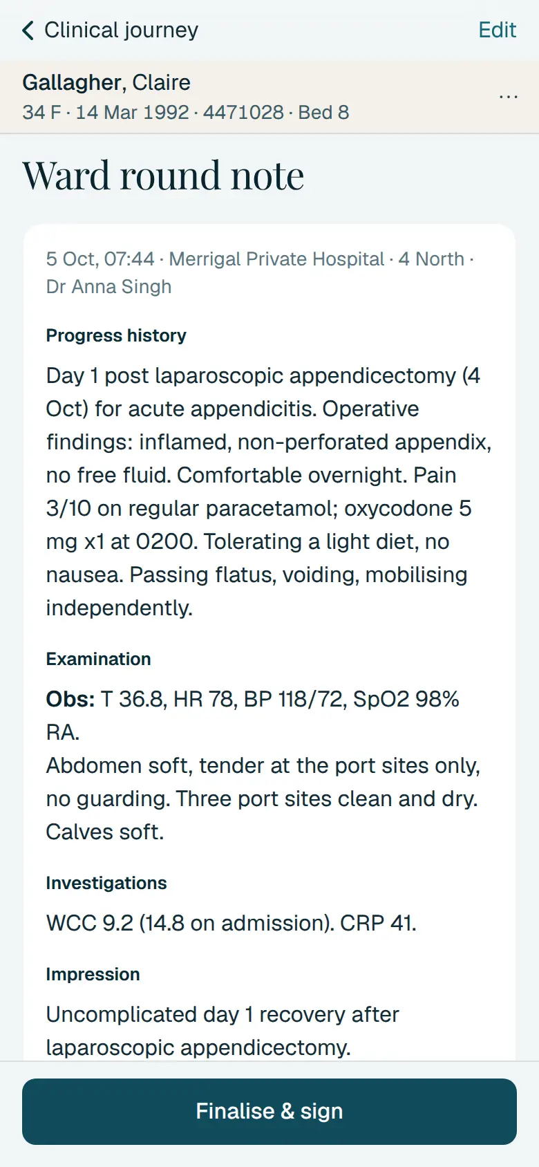 The draft ward round note in aurii on a phone: Merrigal Private Hospital, 4 North, 5 October 2026, author Dr Anna Singh, with the progress history and examination.