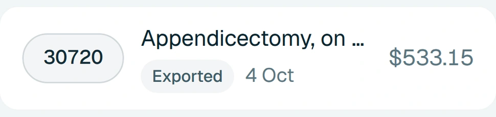 The billing row in aurii: item 30720, appendicectomy, $533.15, service 4 October, exported.