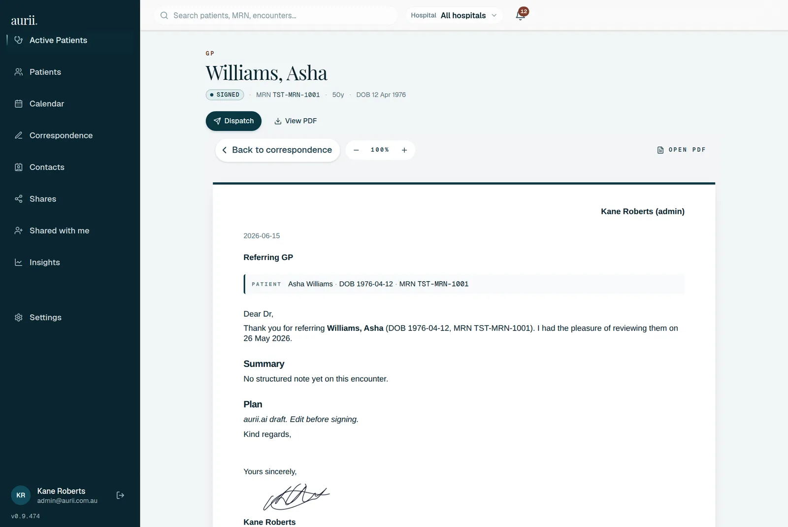 The aurii correspondence screen: a drafted GP letter with its section headings on a demo patient record.