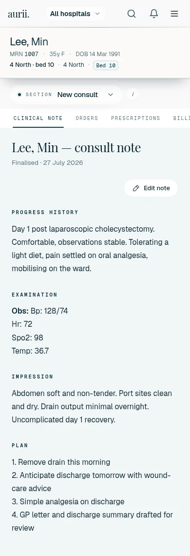 The aurii review screen on a phone: a finalised day-one cholecystectomy note under the patient banner, with progress, examination, impression and plan.