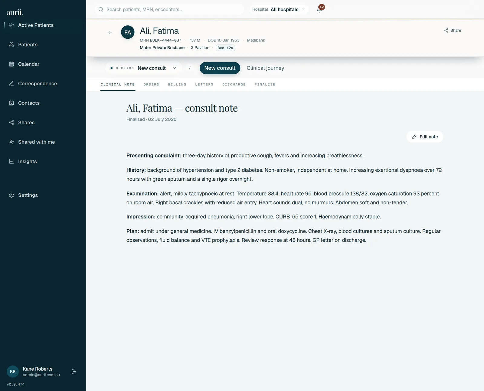 The aurii desktop review screen: a drafted consult note open beside the patient banner, with the edit control ready.