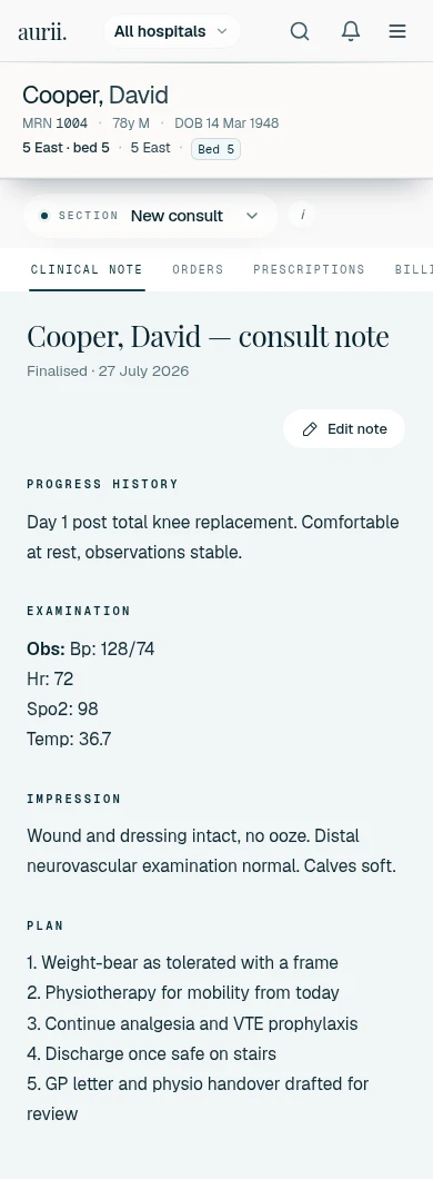 The aurii review screen on a phone: a finalised day-one knee replacement note under the patient banner, with progress, examination, impression and plan.